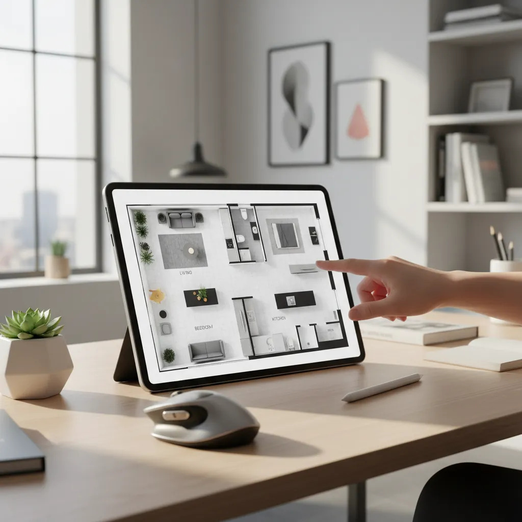 Hand pointing at a tablet screen showing a room layout for a modern home plan