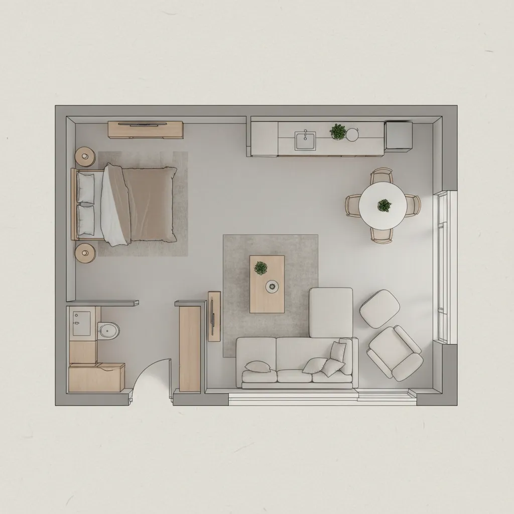 Plano digital de una habitación con muebles organizados