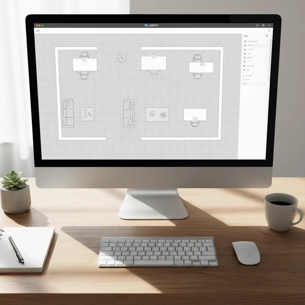 Computer monitor on a wooden desk showing a 2D floor plan layout with office furniture