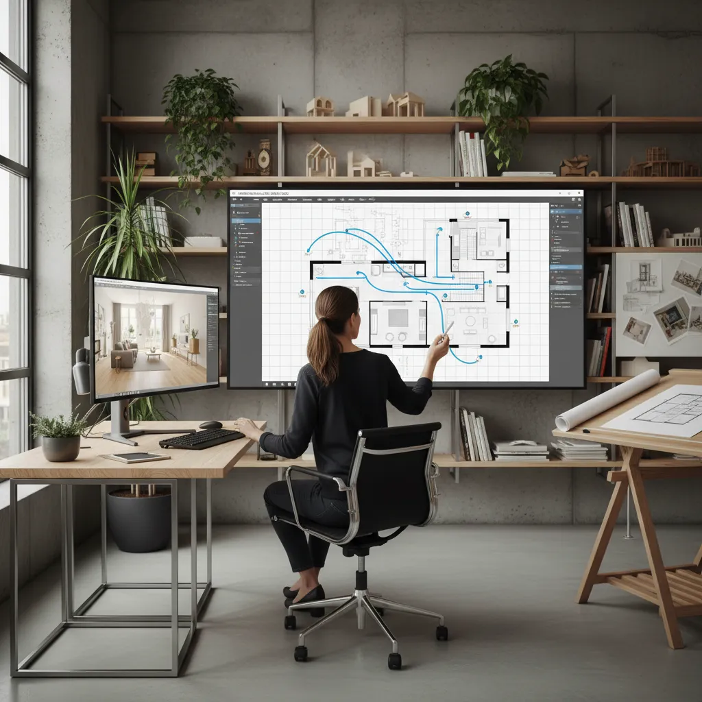 Diseñador planificando rutas de circulación en plano digital