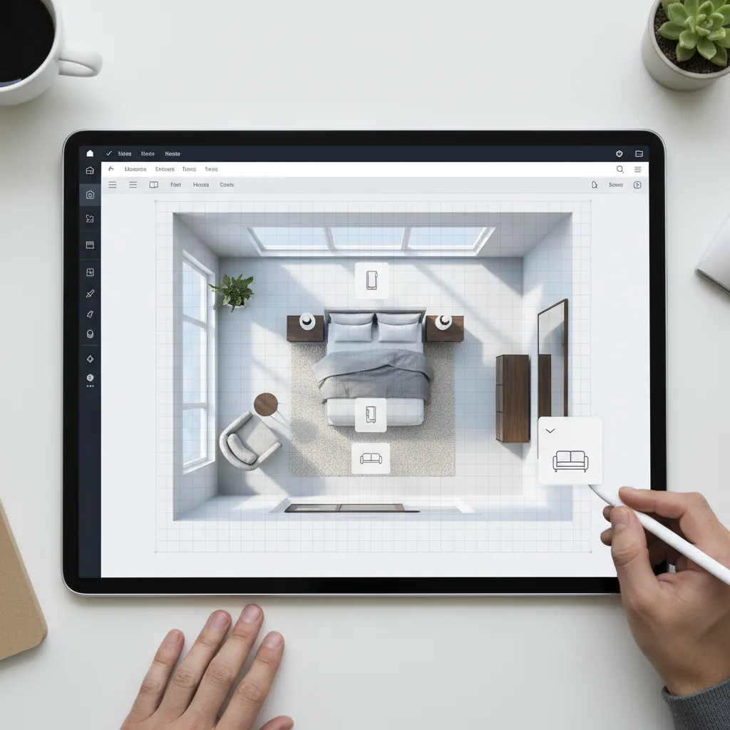 Diseño digital de una habitación con diferentes muebles organizados en un plano