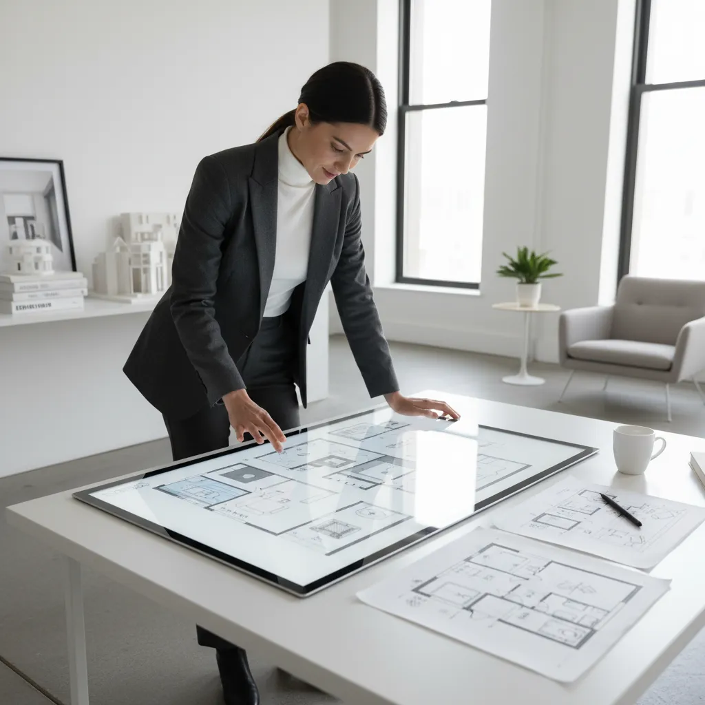 Diseñador analizando la distribución de una habitación en un plano digital