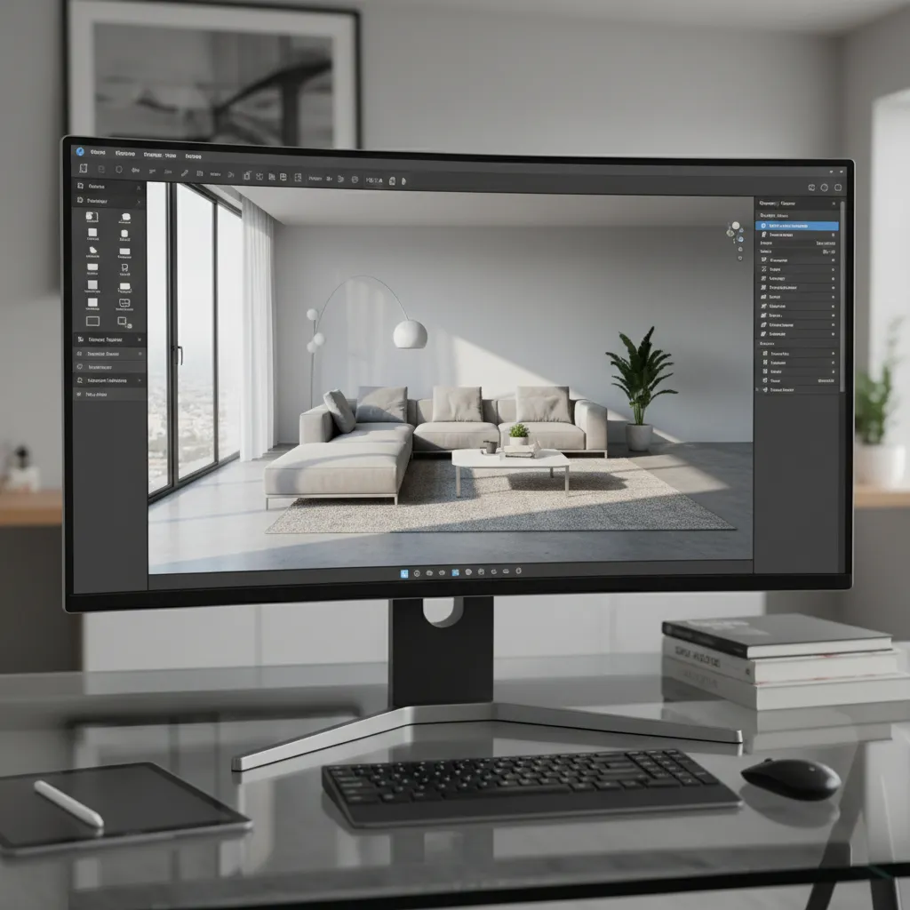 Plano digital de distribución de habitación en 3D en pantalla