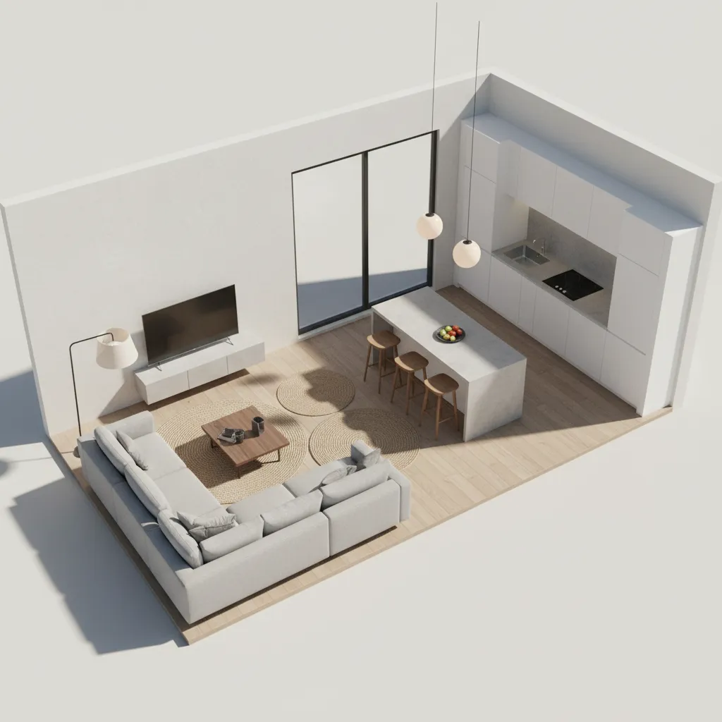 Interior design drawing of an open kitchen and living room with island and grey sofa