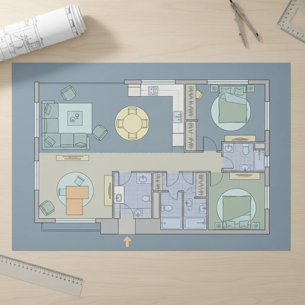 Plano de distribución de vivienda con muebles y zonas funcionales