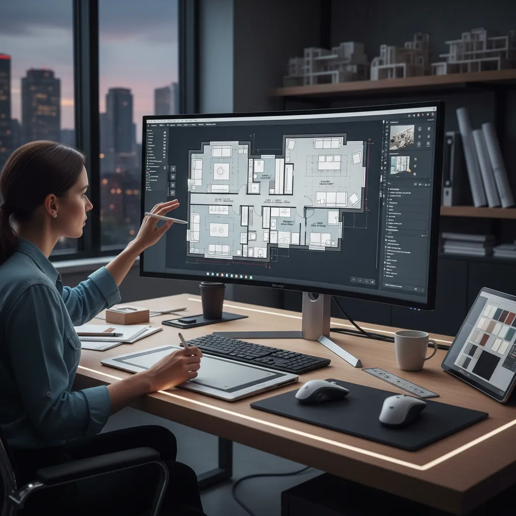 Diseñador organizando distribución de un apartamento en plano digital