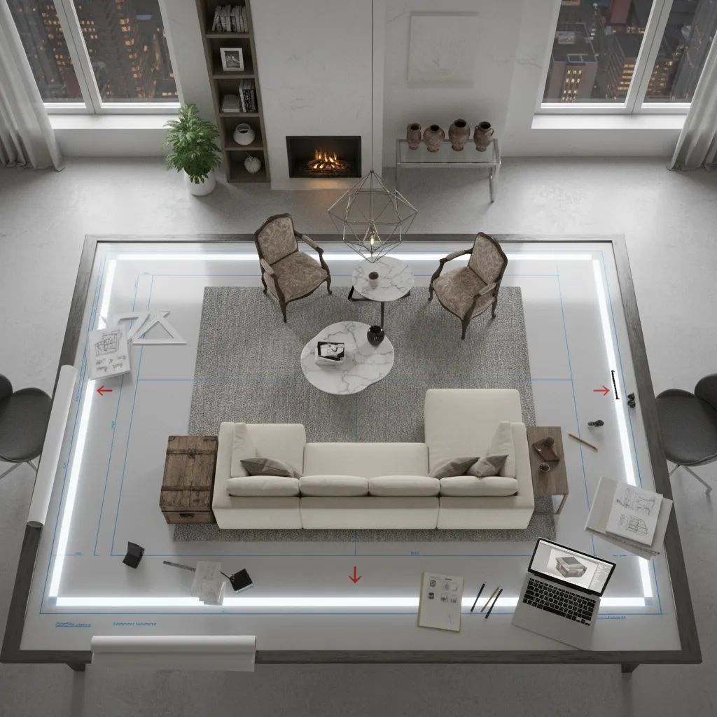 Top down view of living room layout featuring white sofa vintage chairs fireplace design tools