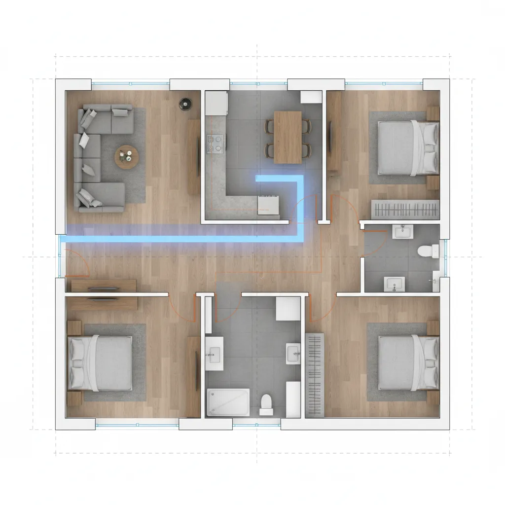 Interior design drawing showing a floor plan layout with a highlighted blue path for walking