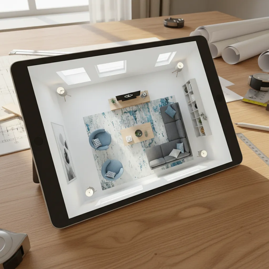 Plano digital de distribución de muebles en una sala de estar