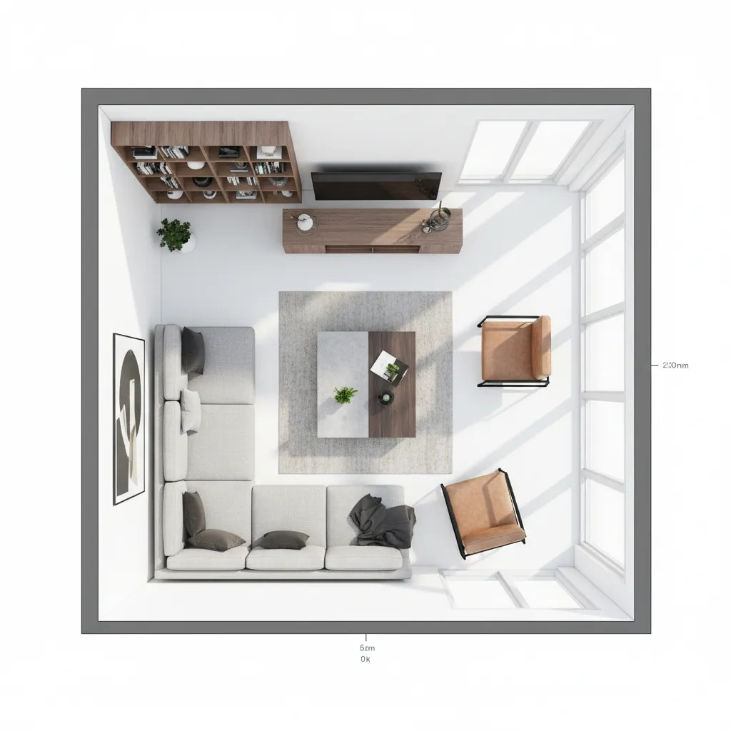 Plano digital de un salón con muebles organizados en software de diseño