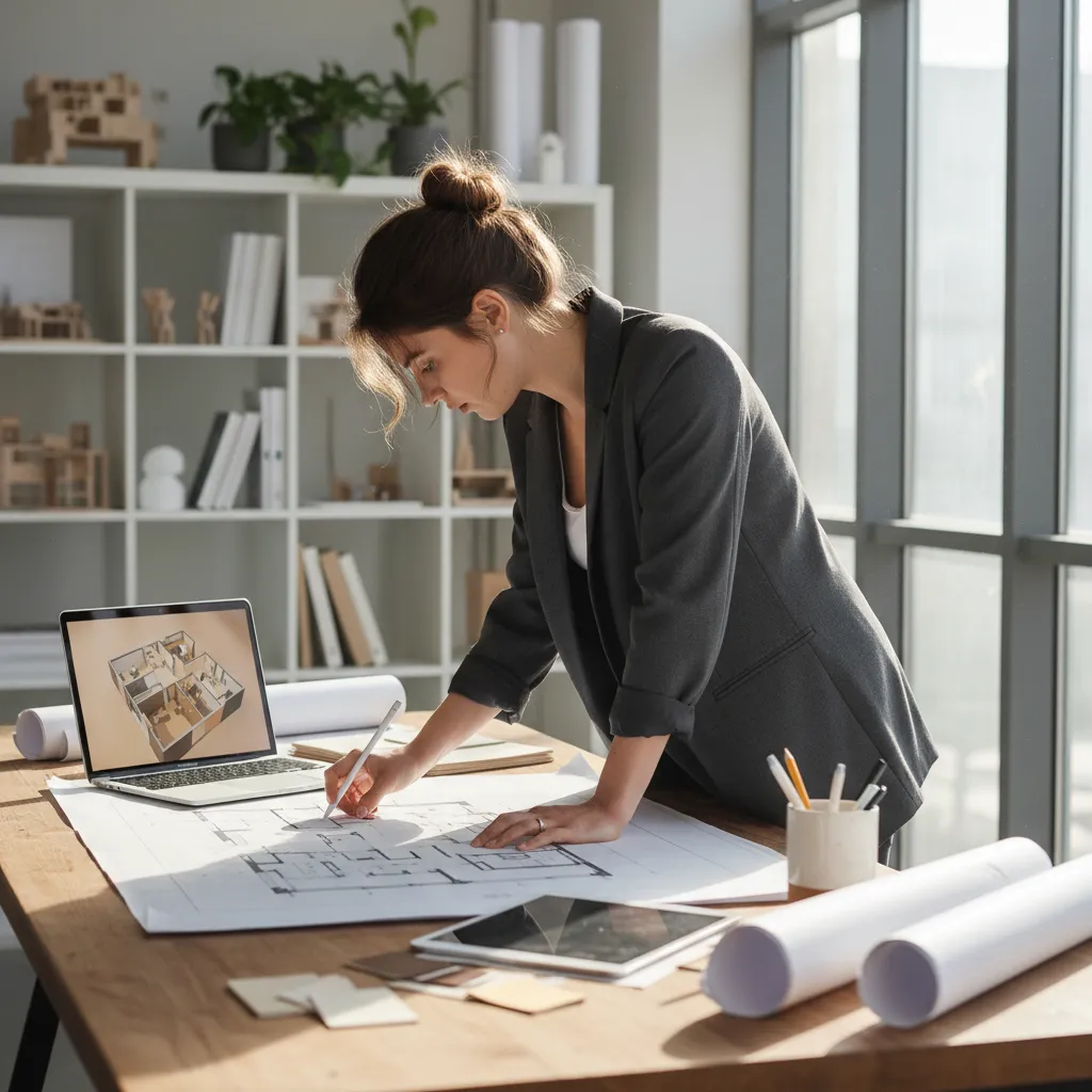 Diseñador revisando plano de distribución de vivienda