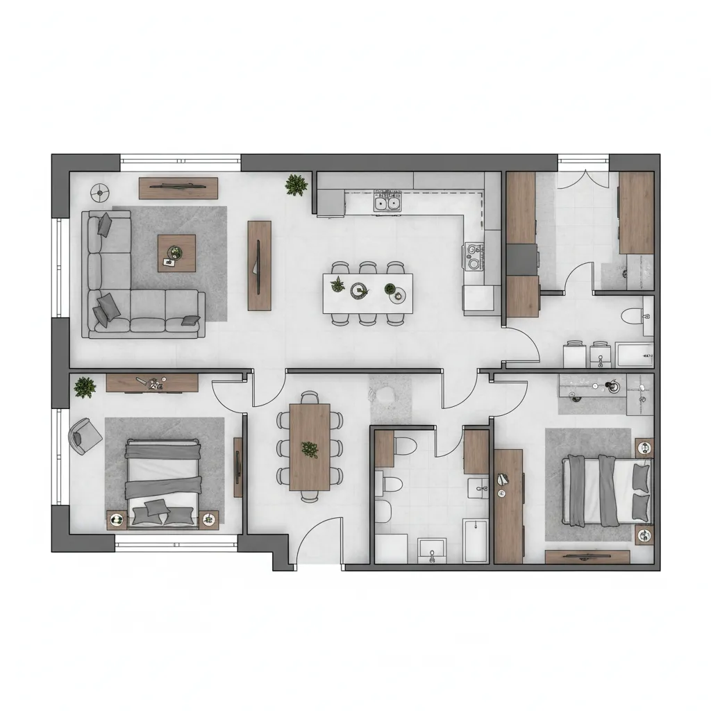 Plano de distribución de un apartamento con zonas de circulación y mobiliario