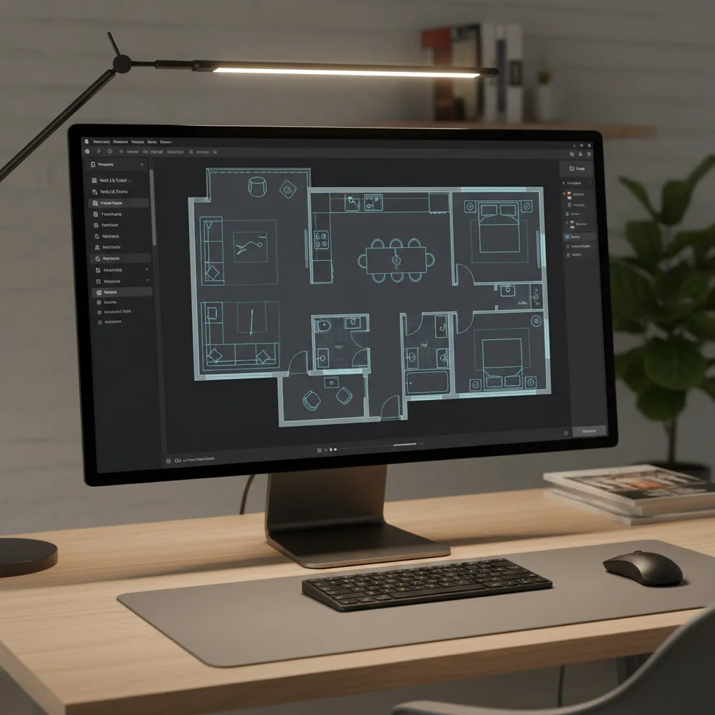 Plano digital de distribución interior de un apartamento en software de diseño