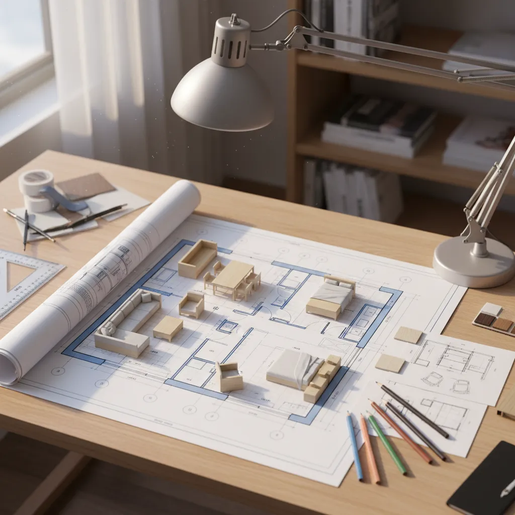 Room layout plan on wooden table with small furniture models, colored pencils, and desk lamp
