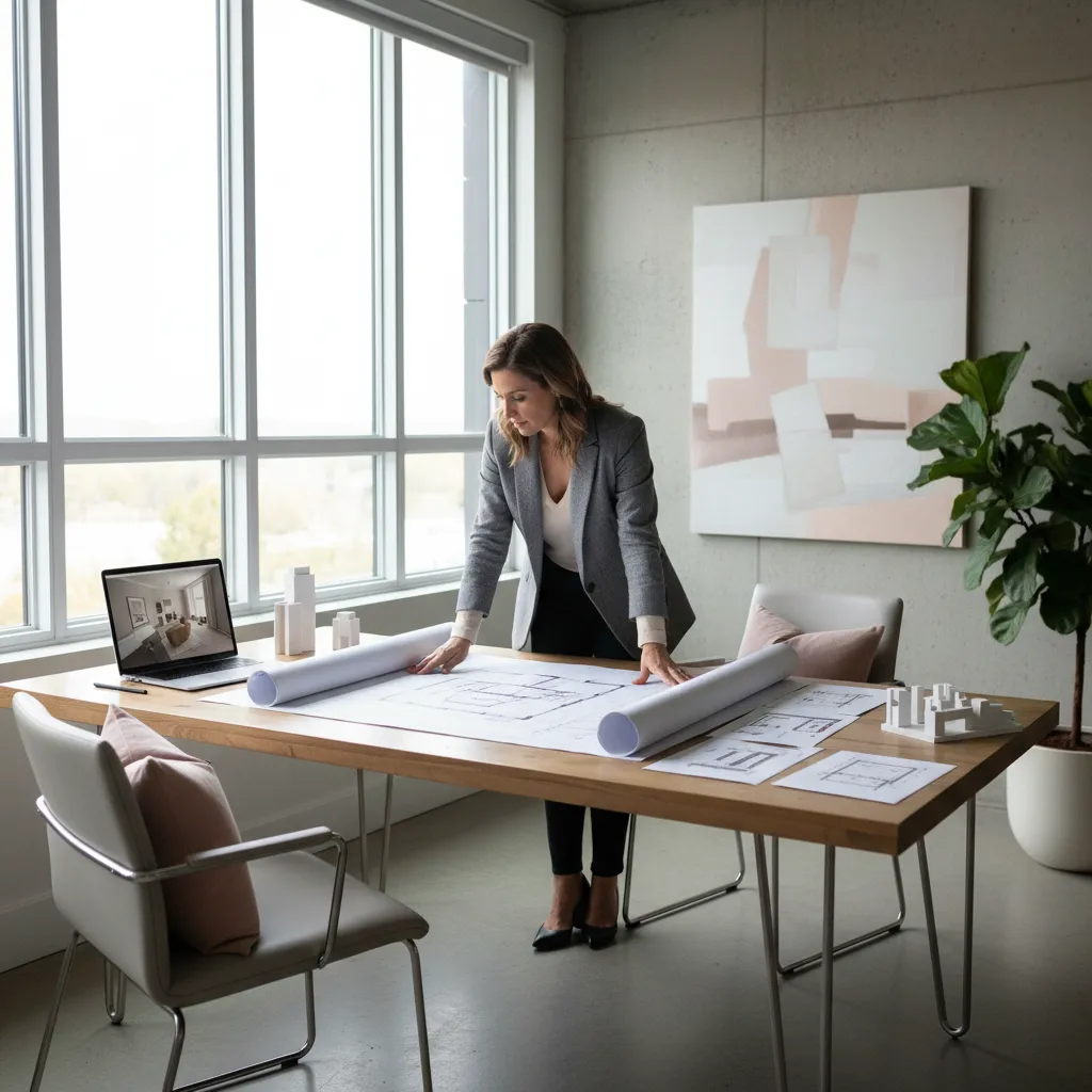 Diseñador analizando distribución de una habitación con planos y portátil