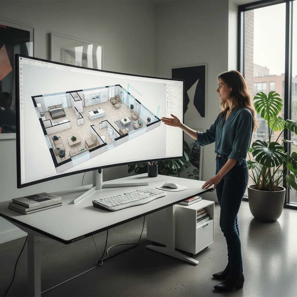 Diseñador revisando una distribución de vivienda en software 3D