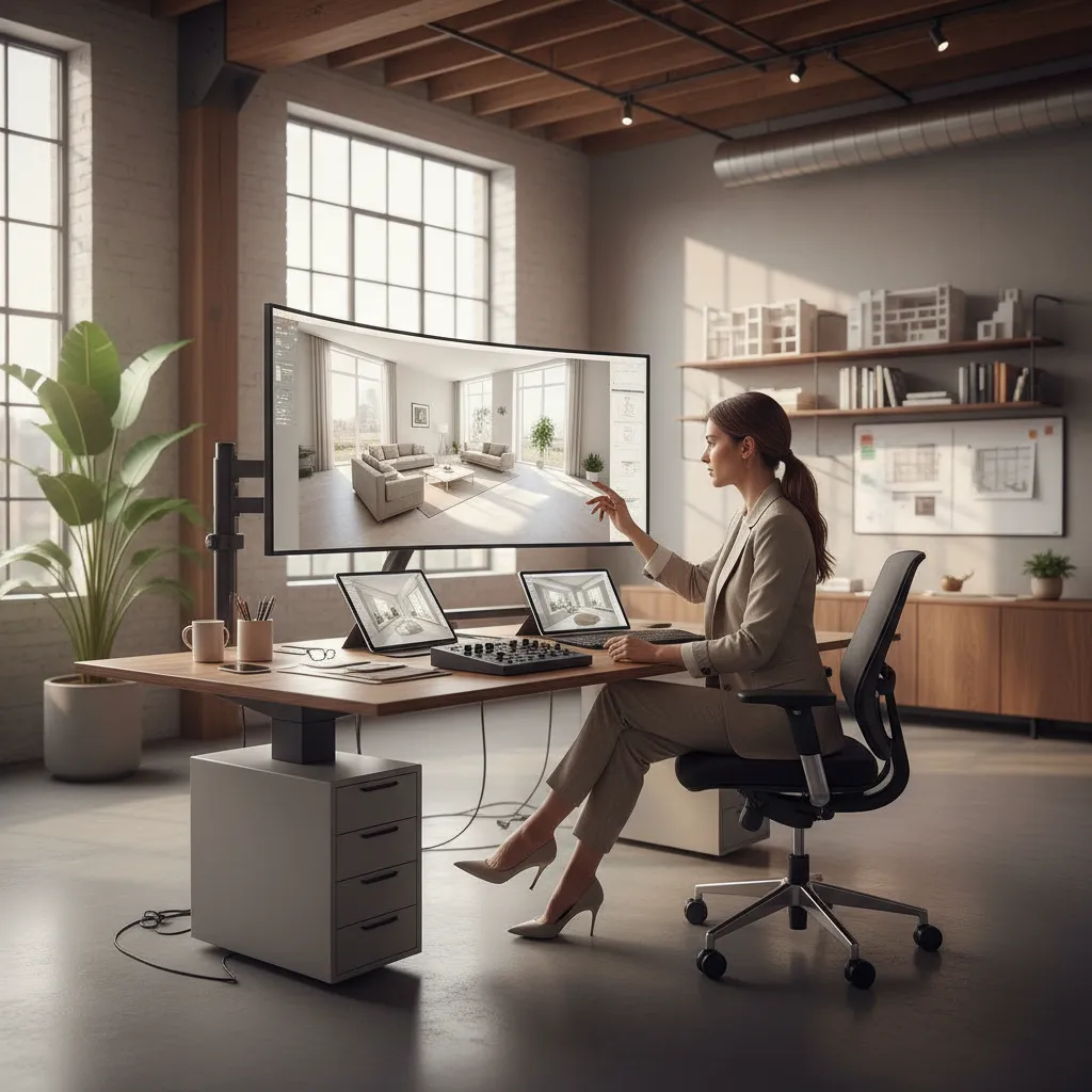 Diseñador revisando plano de distribución interior en 3D