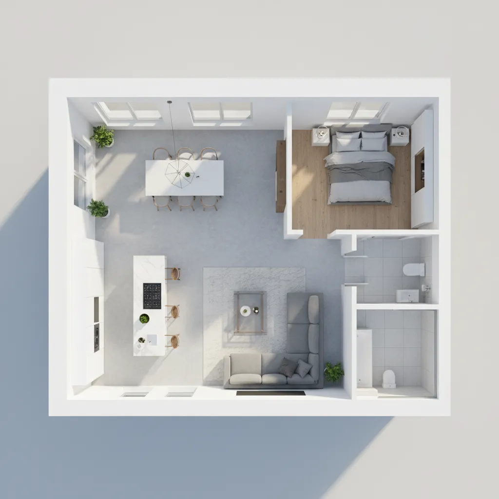 Plano 3D de distribución interior para proyecto de estudiante