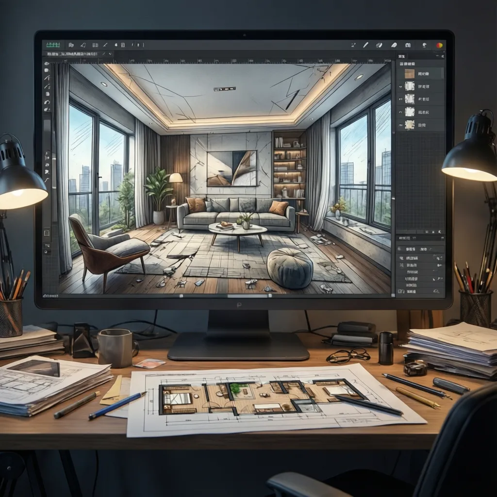 Monitor showing living room interior design drawing with floor plan layout on desk and lamps