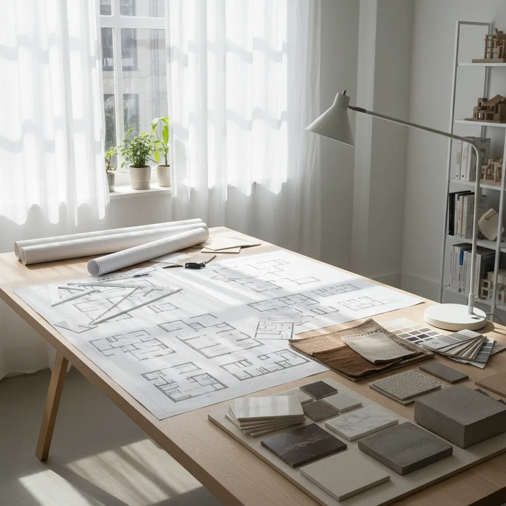 Plano de distribución interior sobre mesa de trabajo de diseñador