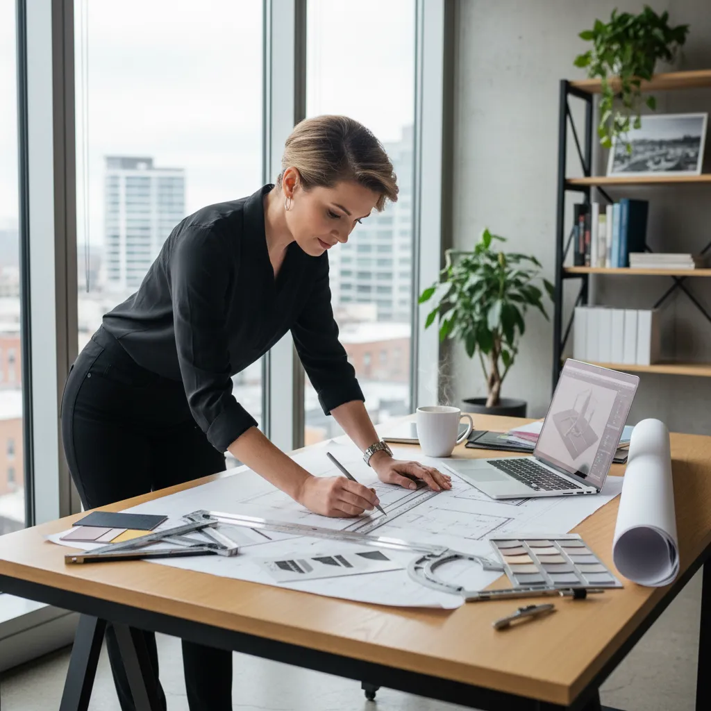 diseñador revisando plano de distribución interior sobre mesa de trabajo