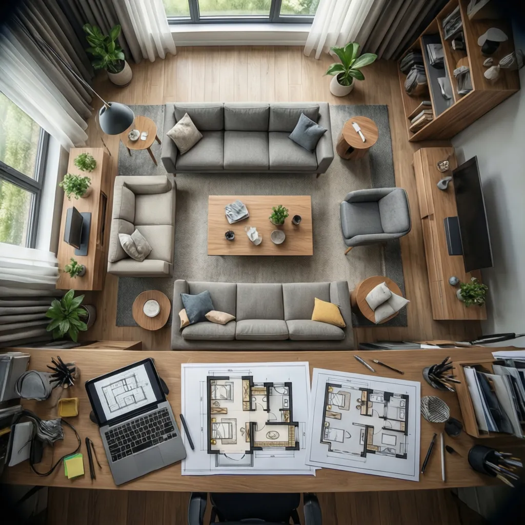 Plano de distribución de salón con diferentes configuraciones de muebles