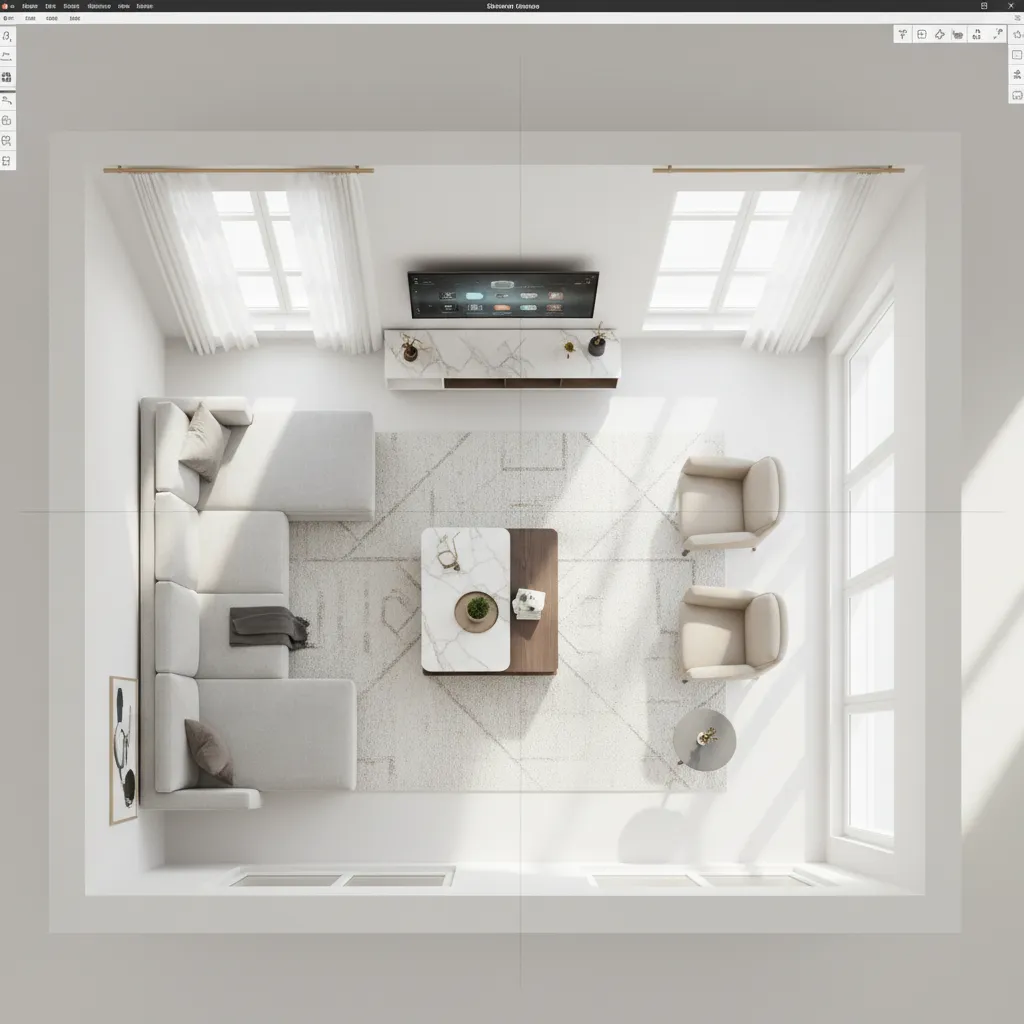 Plano digital de salón con distribución de muebles