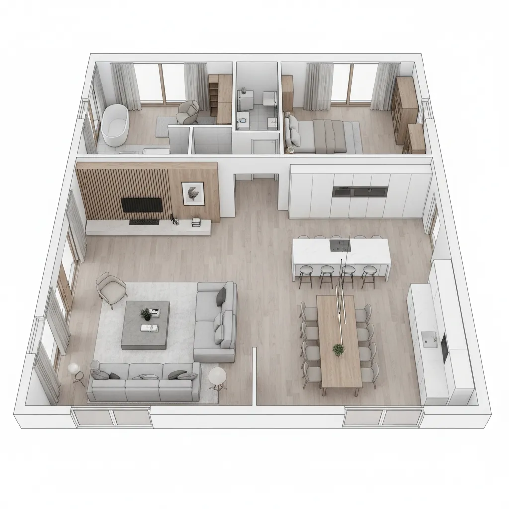 Visualización 3D de distribución interior de vivienda moderna