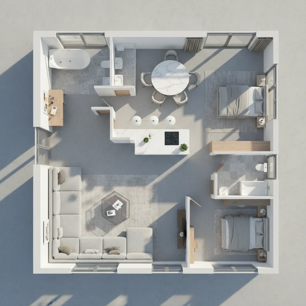 Plano 3D de una vivienda mostrando la distribución del mobiliario