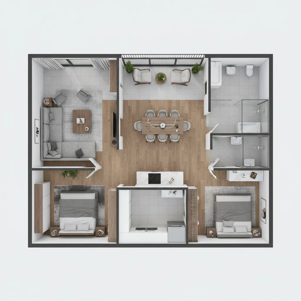 Visualización 3D de un plano de vivienda con muebles y distribución