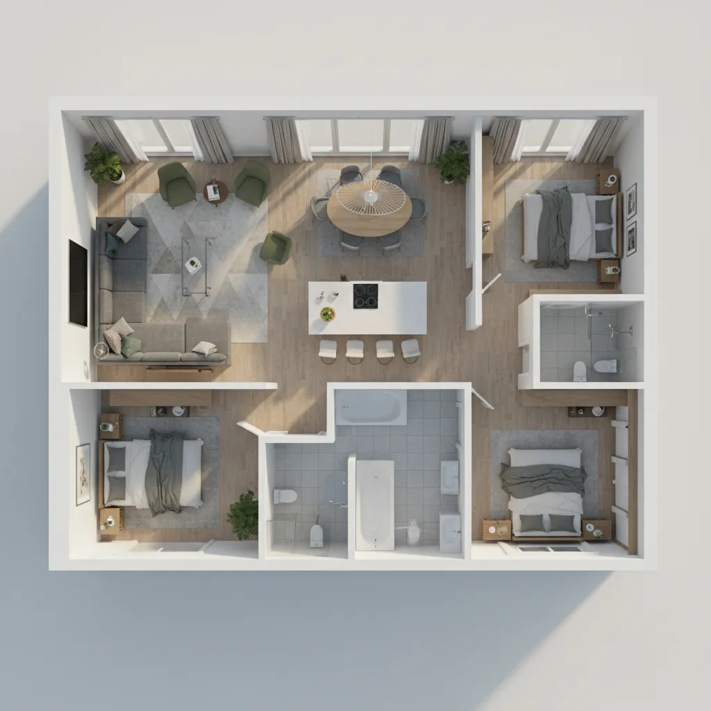 Interior design drawing showing a three bedroom apartment layout with living room and kitchen furniture