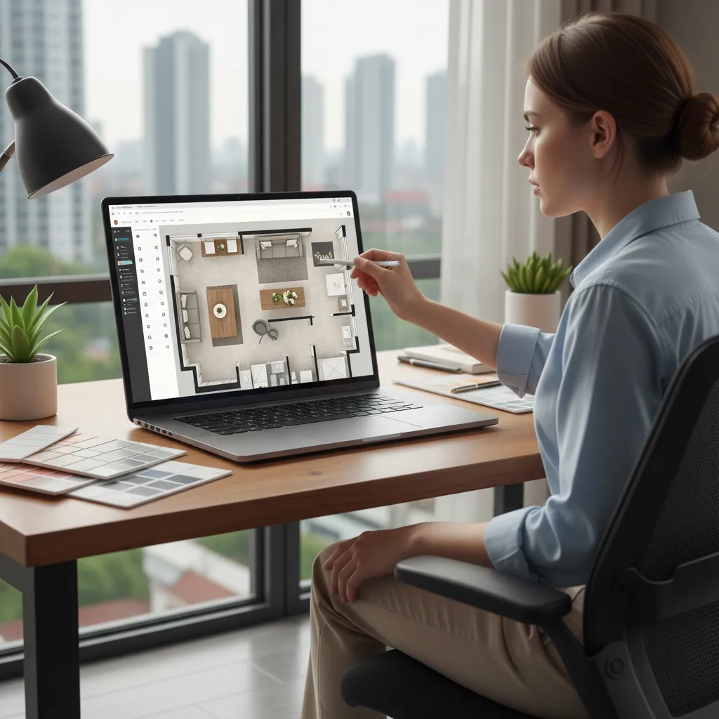 diseñador reorganizando muebles en plano digital de sala
