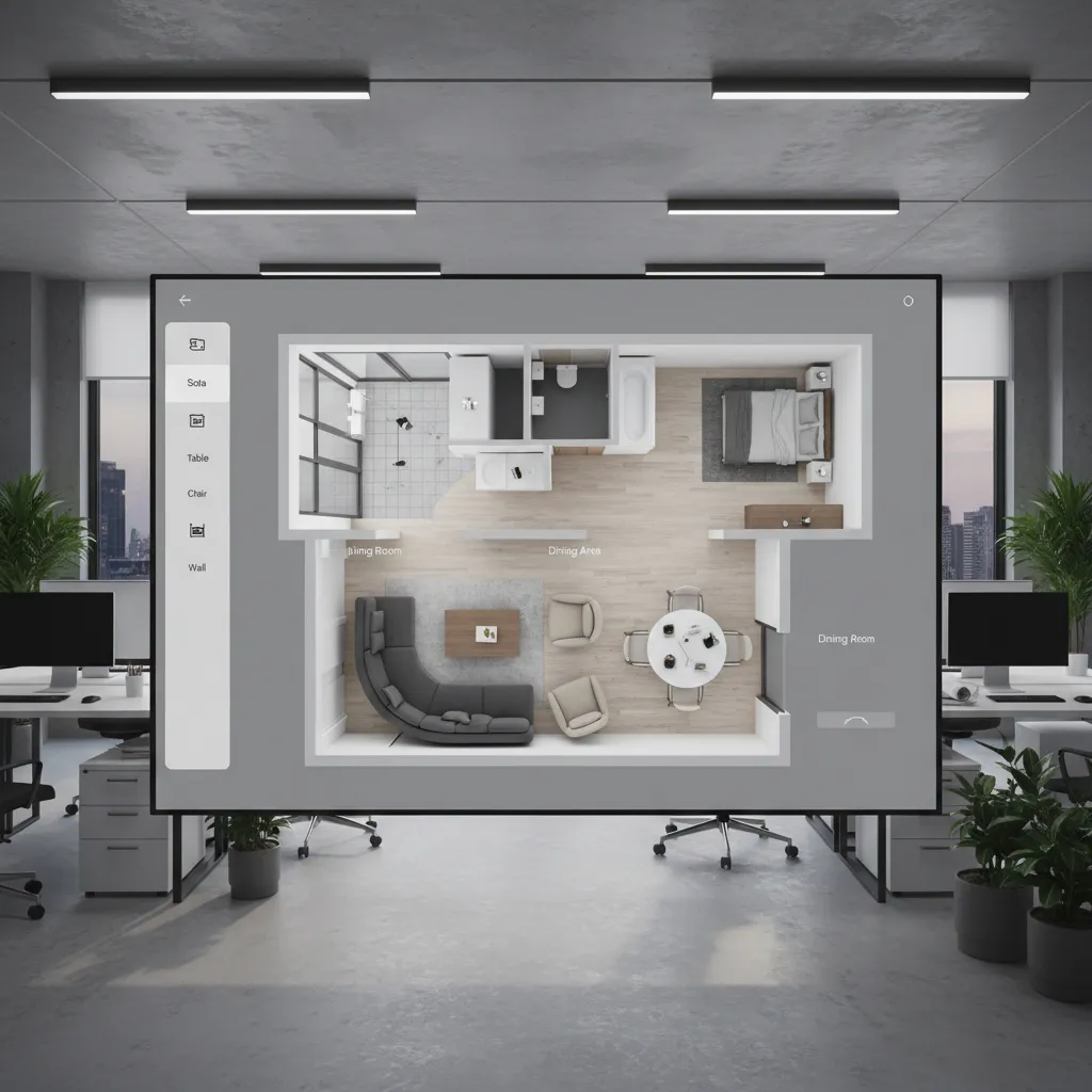 Plano digital mostrando la distribución de muebles en una sala