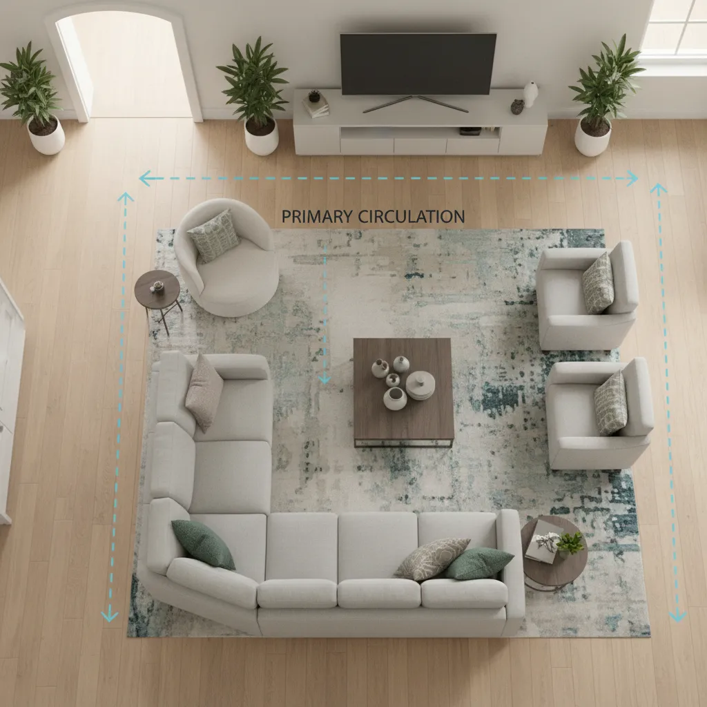 Top down room layout showing sofa and chairs with blue arrows for primary walking paths