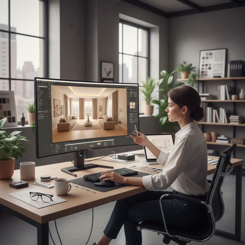 Diseñador revisando distribución de un piso en pantalla con modelo 3D