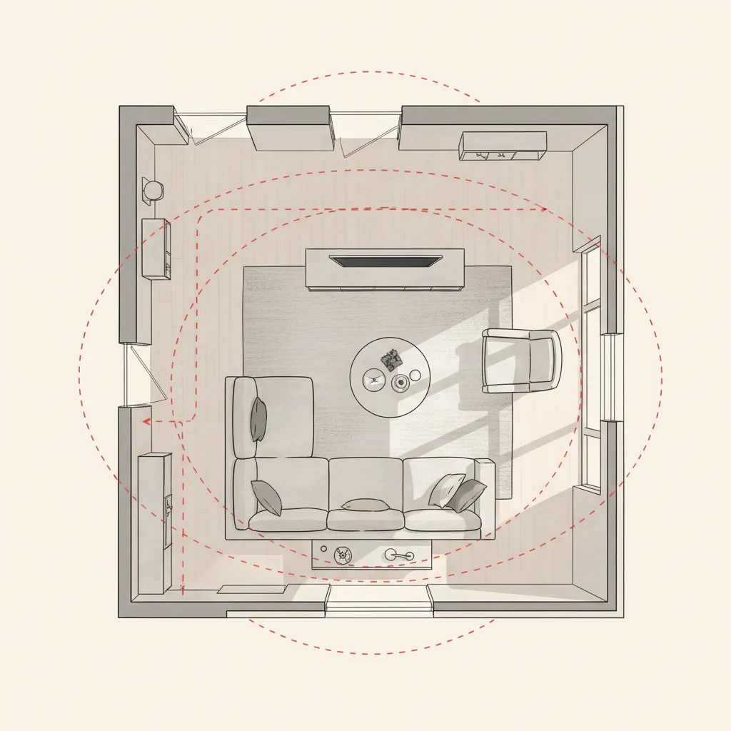 Planificación de distribución de muebles en un salón sobre plano arquitectónico