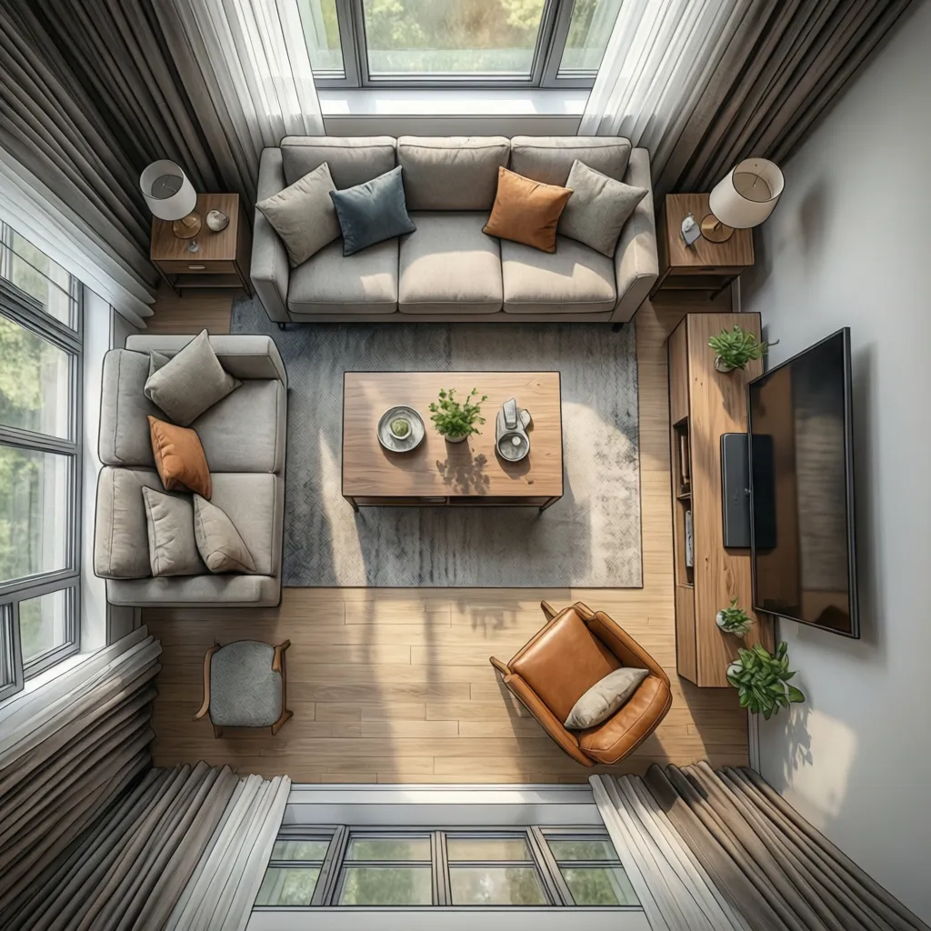 vista superior de planificación de distribución de muebles en un salón