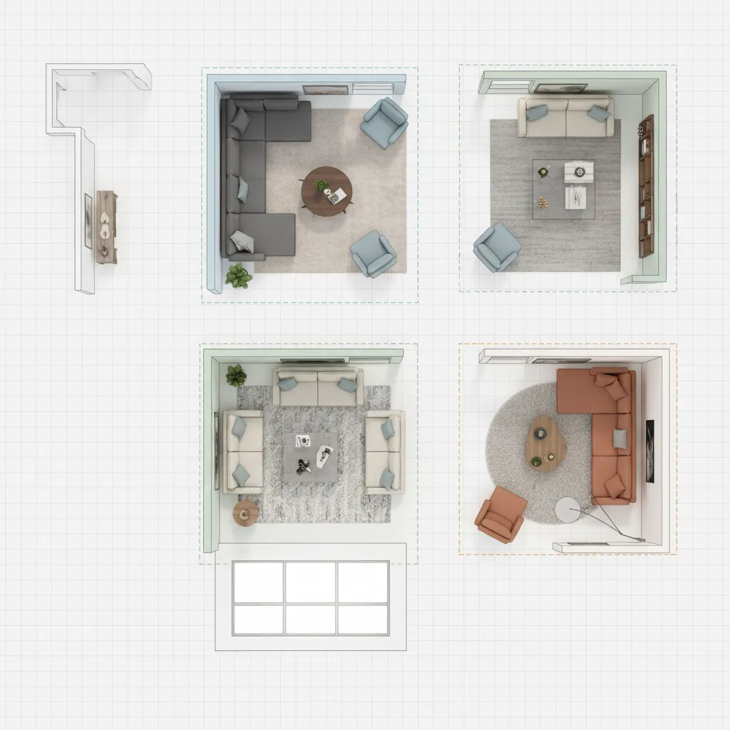 Plano digital de un salón con diferentes distribuciones de muebles