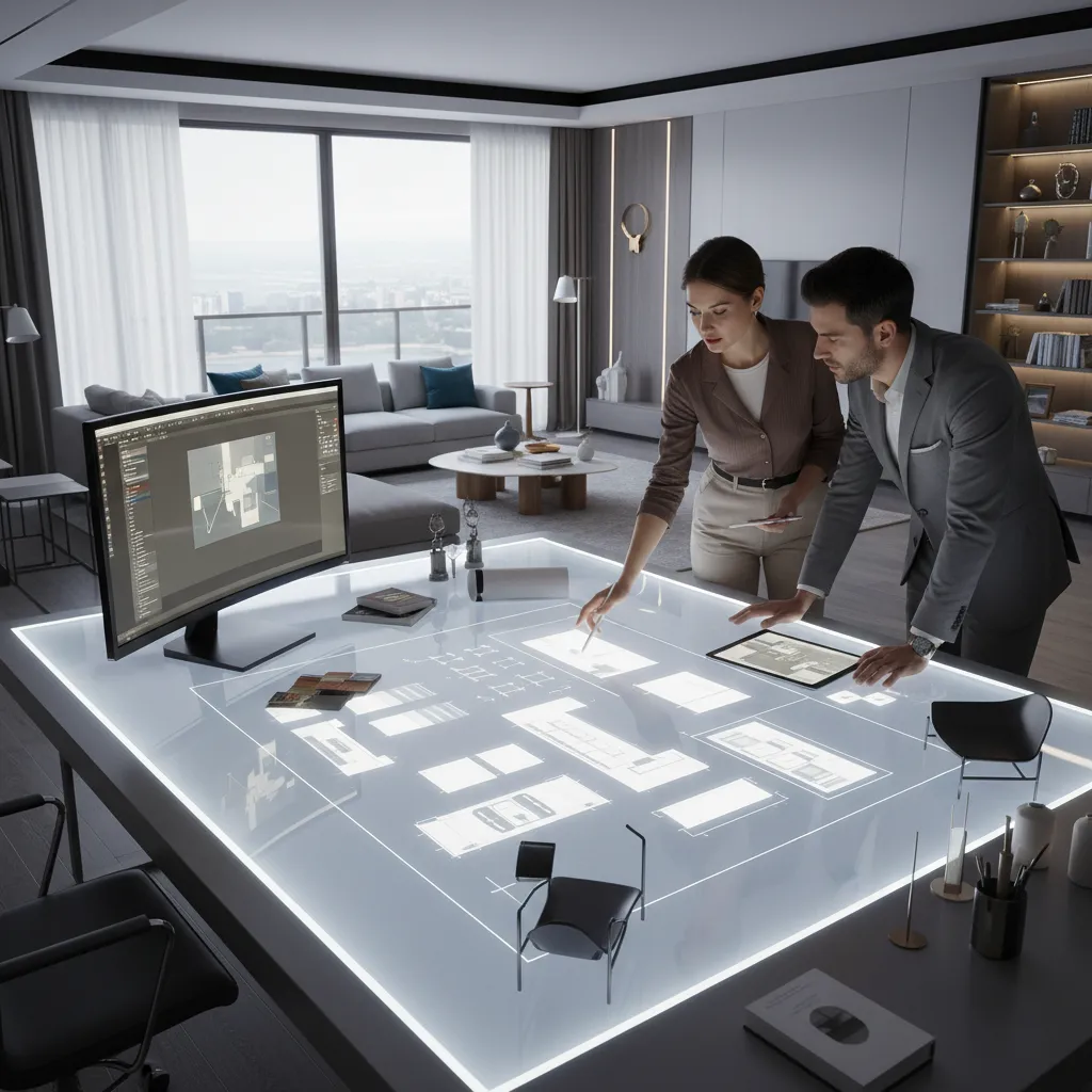 Planificación de distribución de muebles en salón moderno