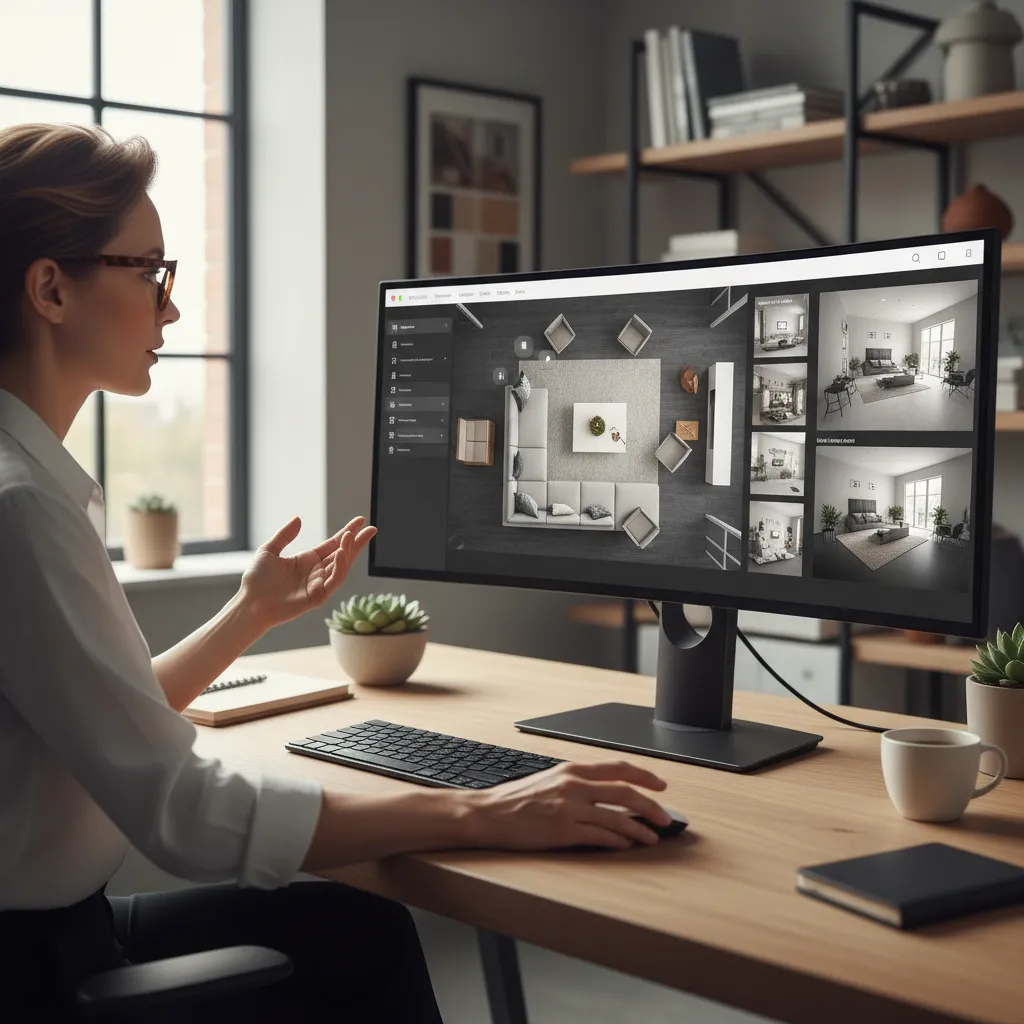 Diseñador probando distintas distribuciones de muebles en un salón