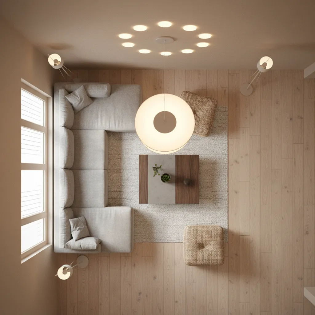 Plano de distribución de un salón con muebles organizados