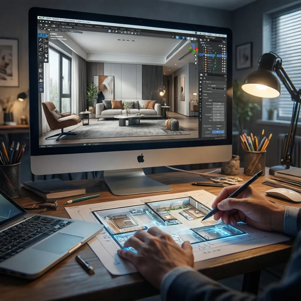 Designer creating room layout on tablet with realistic interior design drawing on computer monitor screen