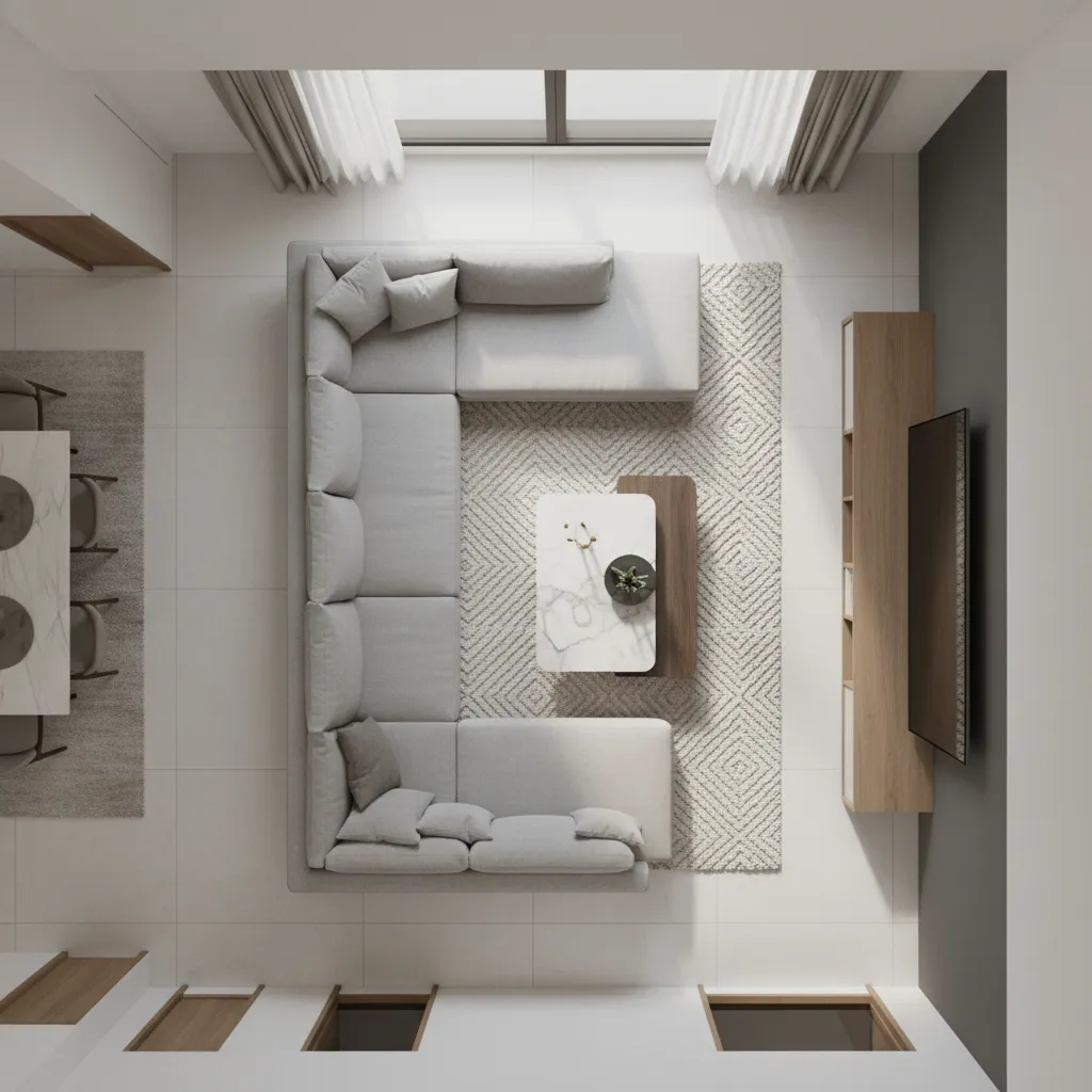 Diseño digital de la distribución de un salón con sofá mesa y circulación