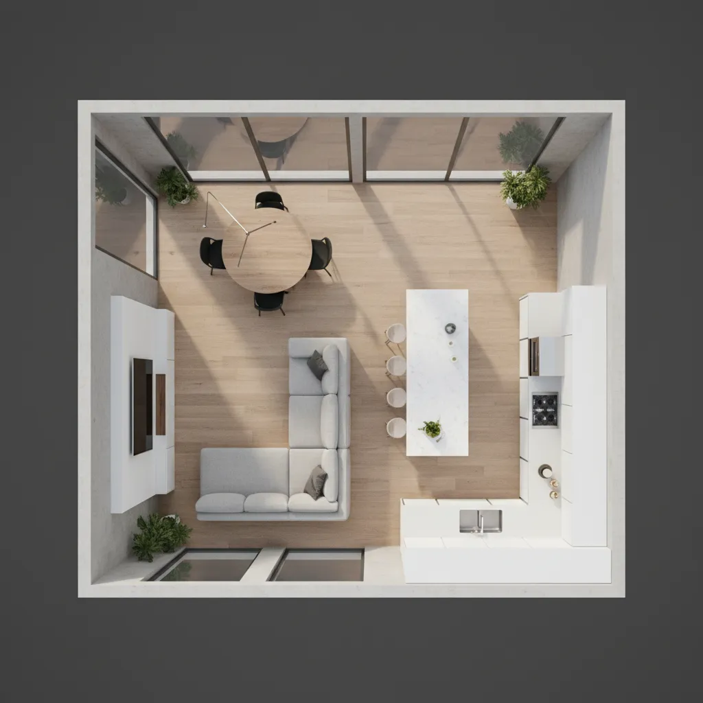 Diseño de distribución de salón y cocina en plano 3D