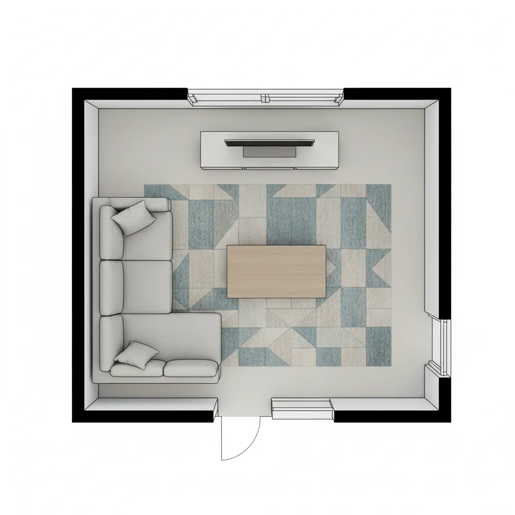 Plano de salón con distribución de muebles y zonas de paso