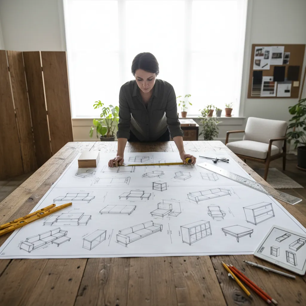 Diseñador organizando la distribución de muebles en el plano de un salón