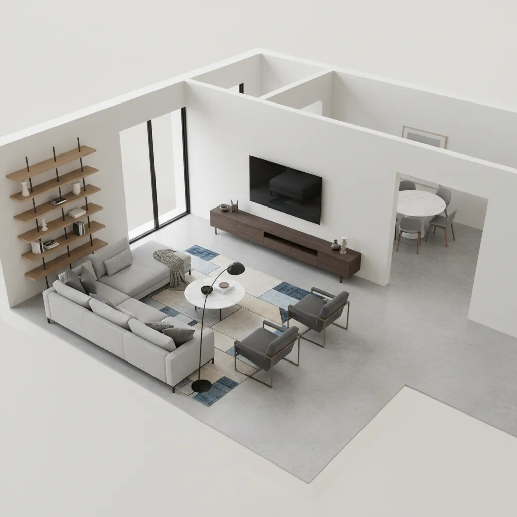 Diseño digital de distribución de salón con muebles y zonas de circulación