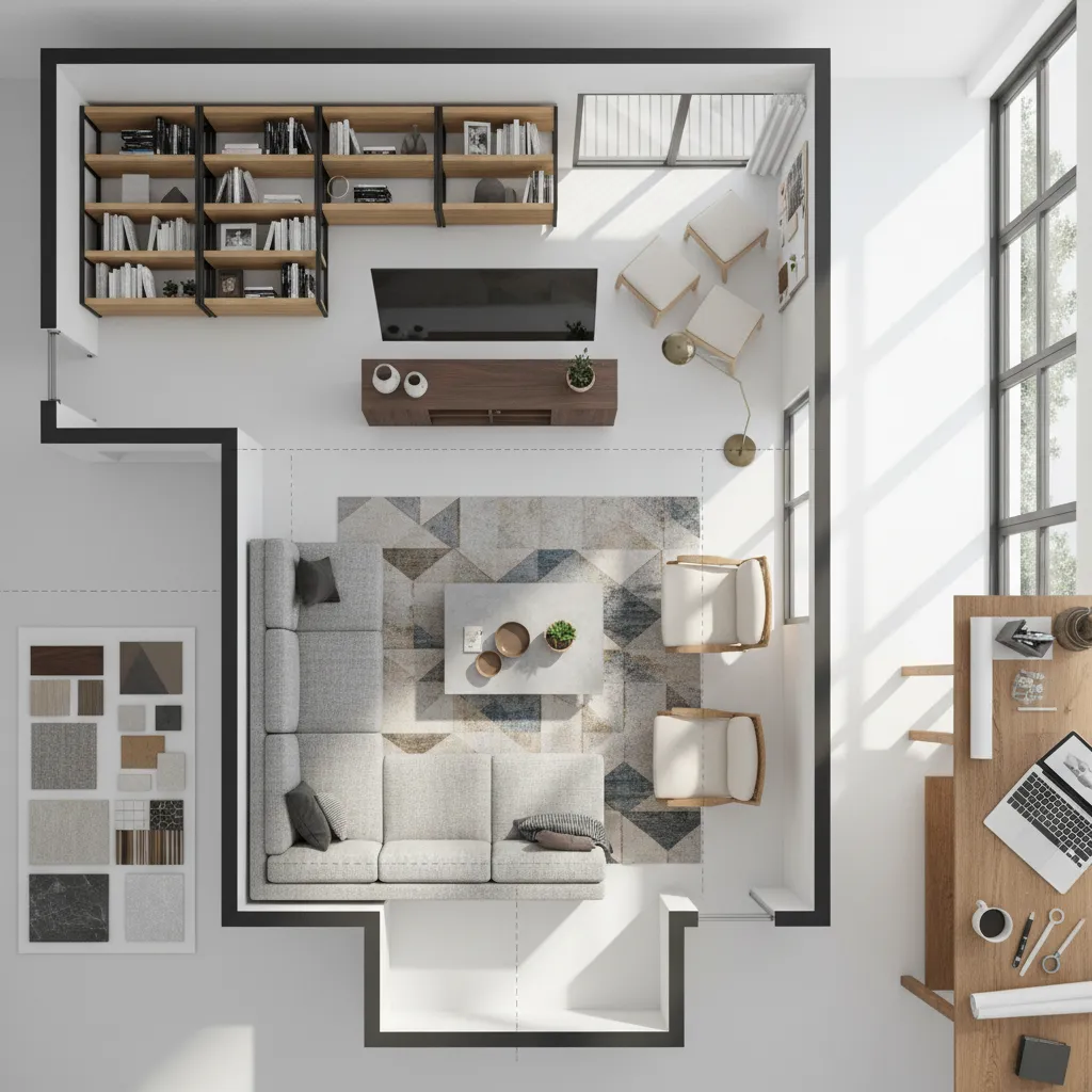 Plano de distribución de salón con muebles en diseño interior