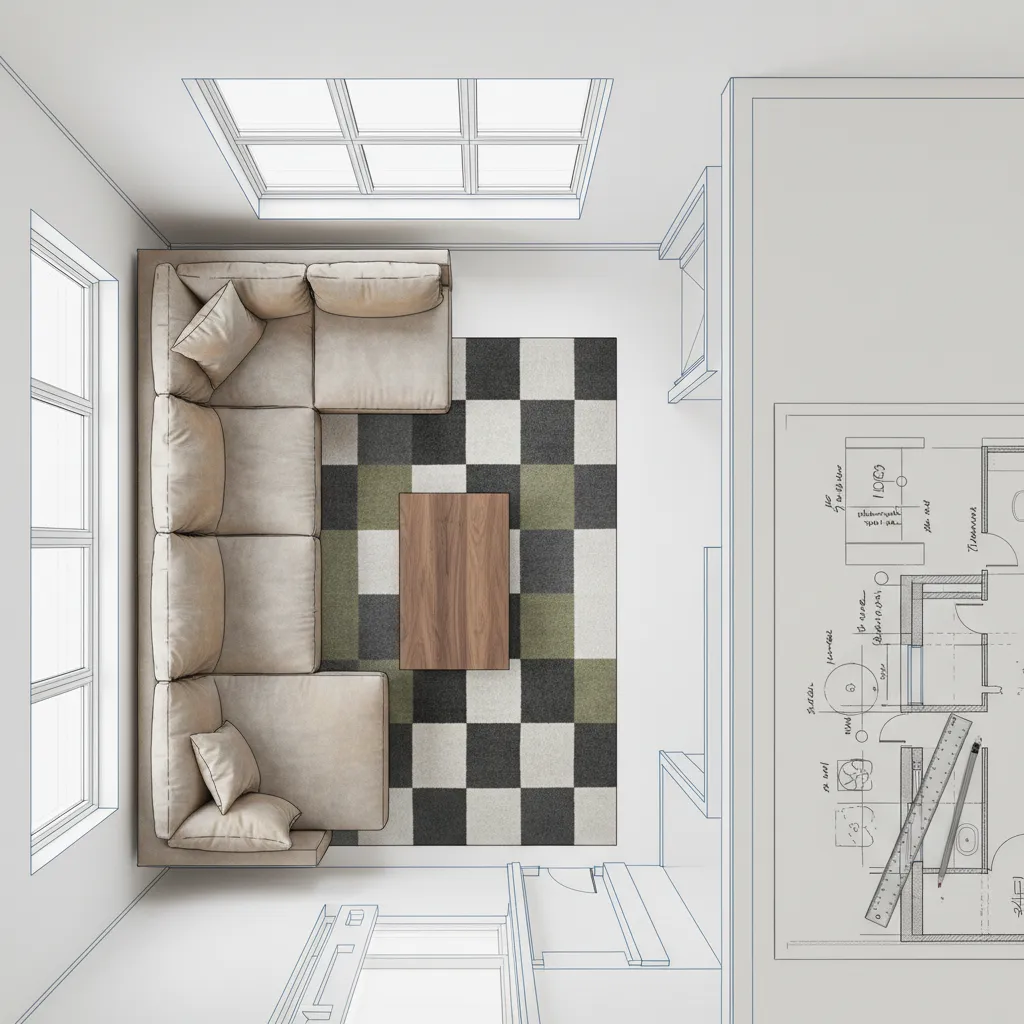 Plano de distribución de salón con muebles y medidas