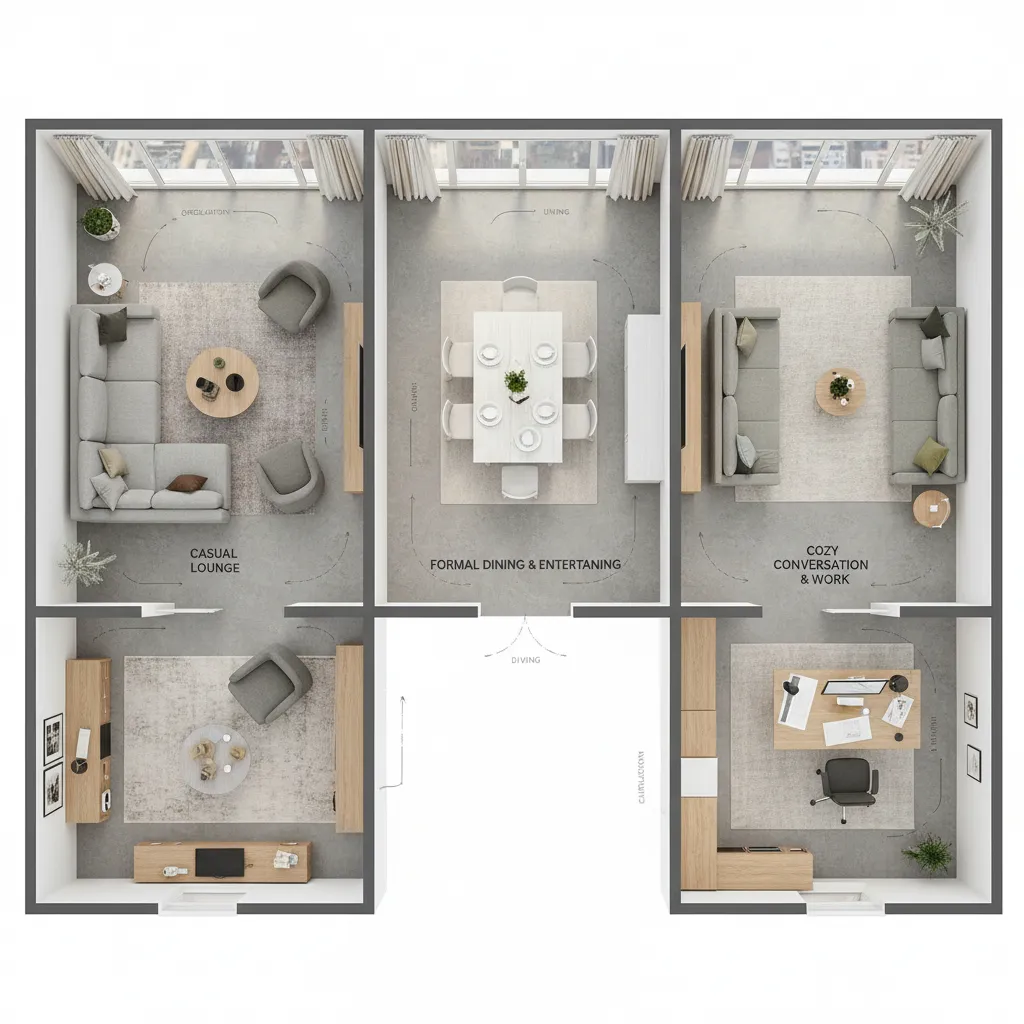 Plano de salón con diferentes configuraciones de muebles analizando circulación